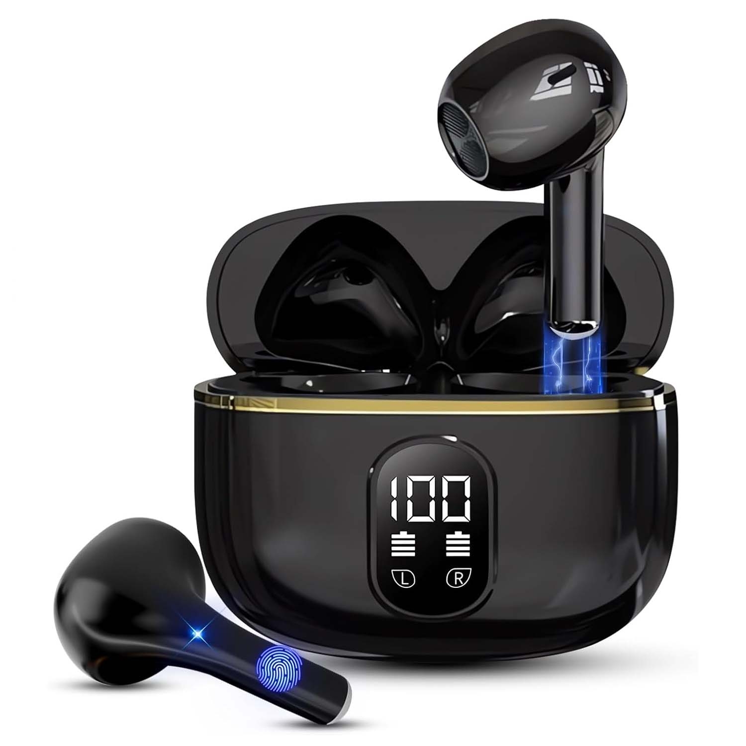 TWS Trådløse In-Ear Hodetelefoner ENC, Bluetooth 5.3, LCD-skjerm og Touchkontroller Svart