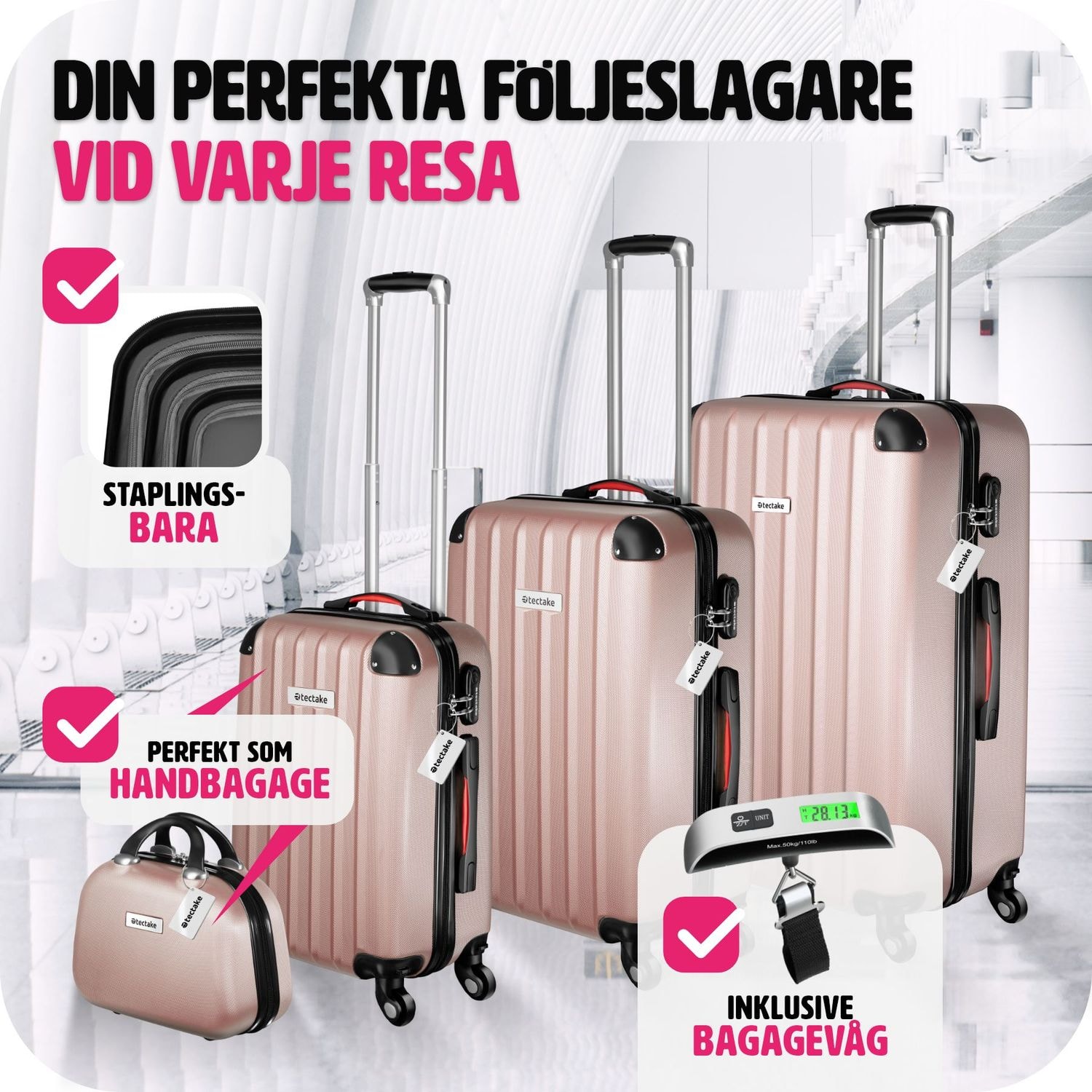 Resväskeset Cleo, 4 resväskor med bagagevåg och taggar - roséguld (3 av 12)