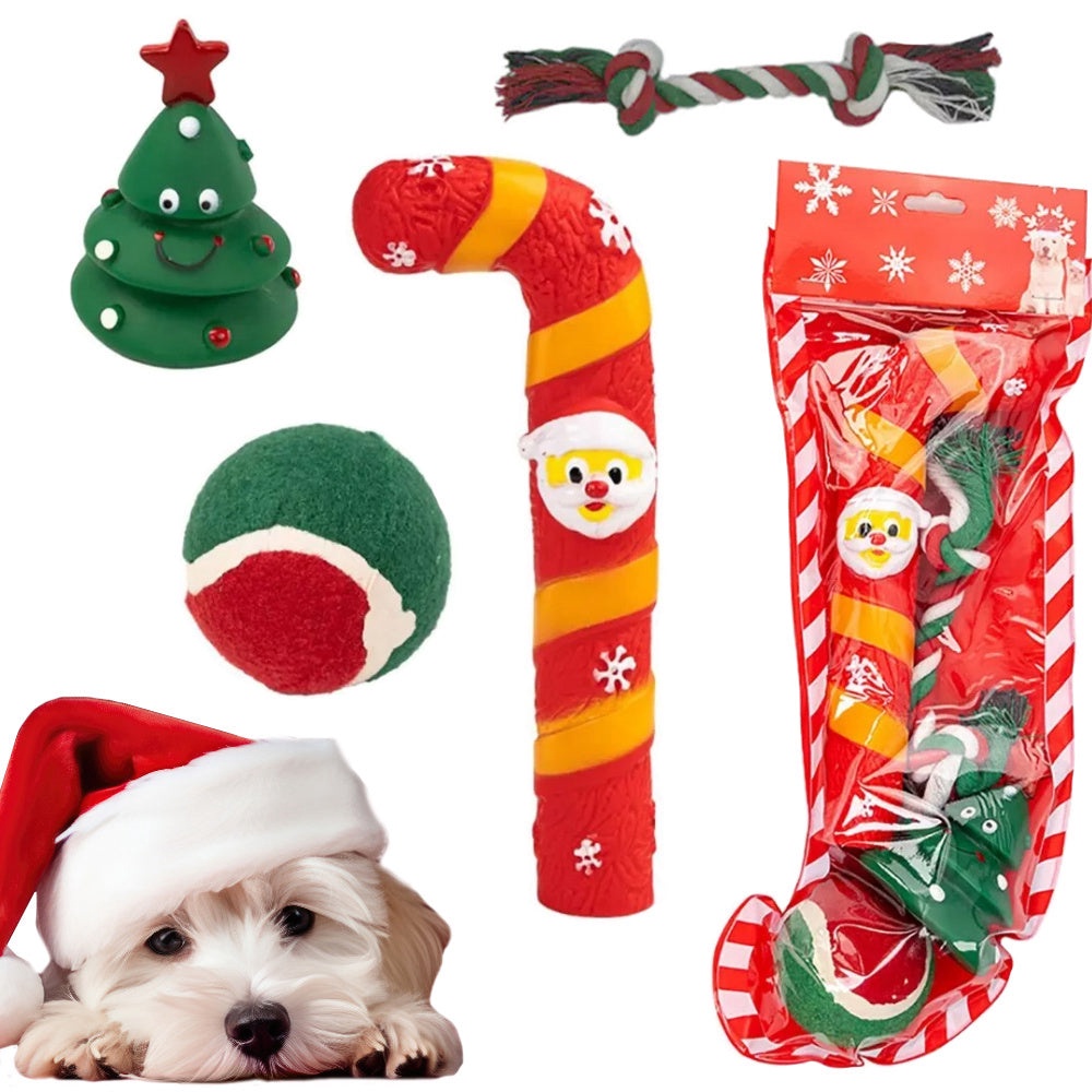 Hundleksaker julset 4-pack rep boll gummi candy cane julgran