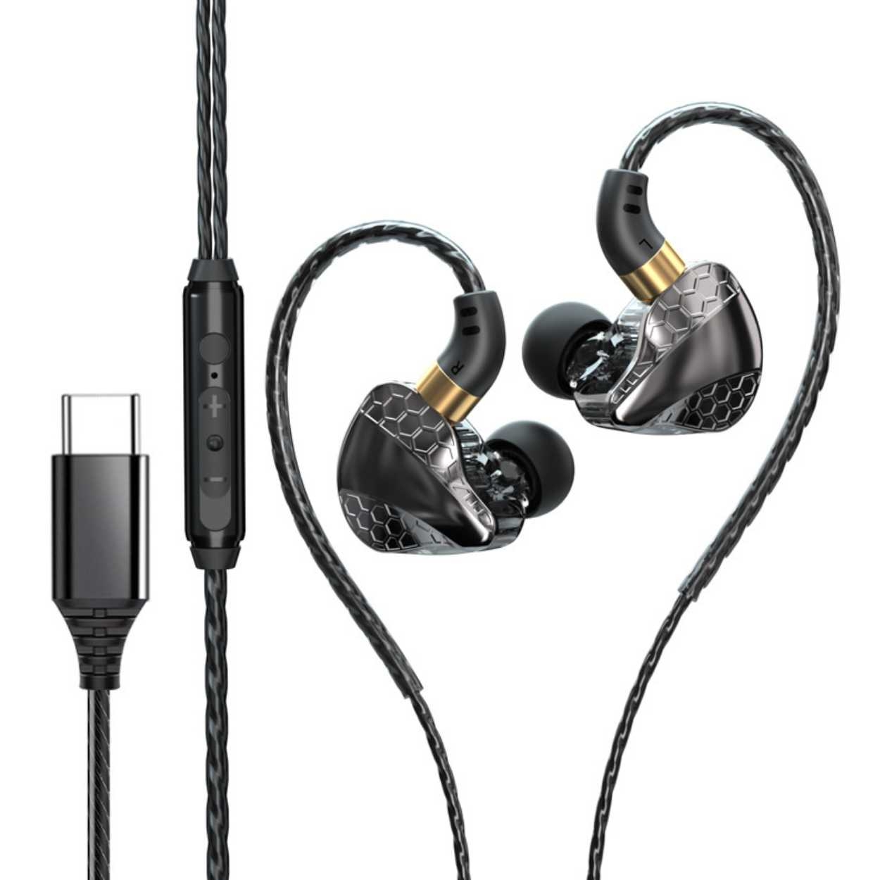 Trådbundne USB-C In-Ear Hodetelefoner HiFi Bass med DAC Svart