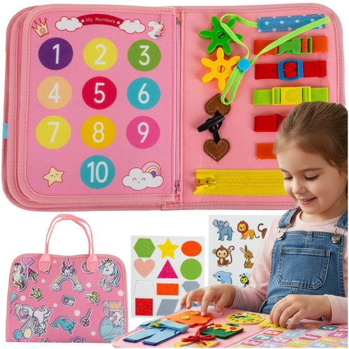 Montessori känselbok i filt med aktiviteter, unicornmotiv, 3+ år