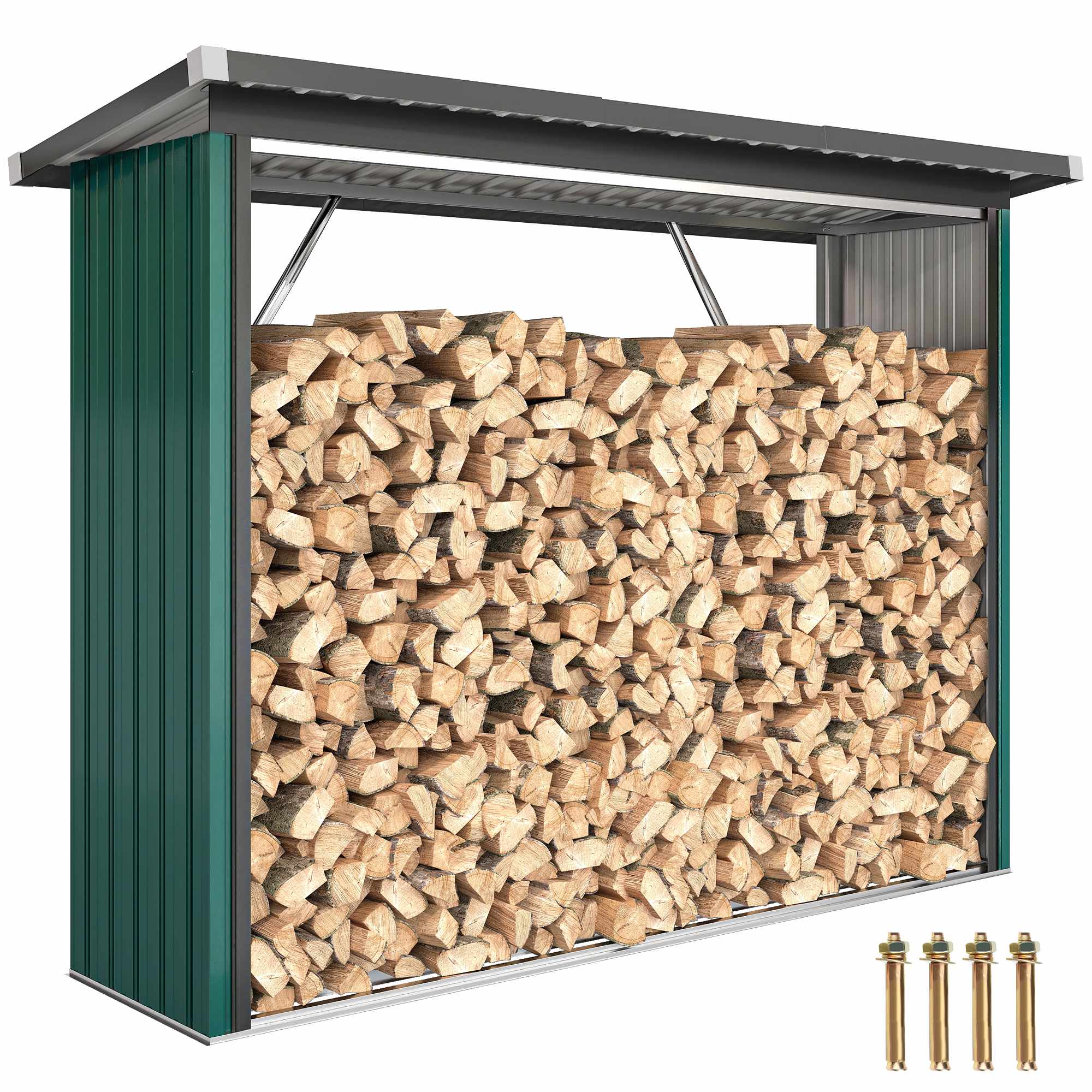 Vedbod i galvaniserat stål med upphöjd bas och sluttande tak 213x66,5x150 cm grön