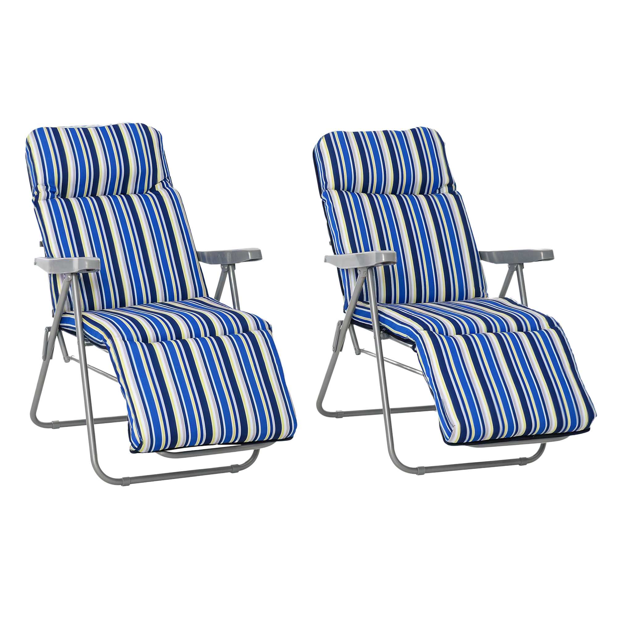 Set med 2 hopfällbara fåtöljer med dynor, justerbart ryggstöd i 5 lägen, stål-polyester, blå