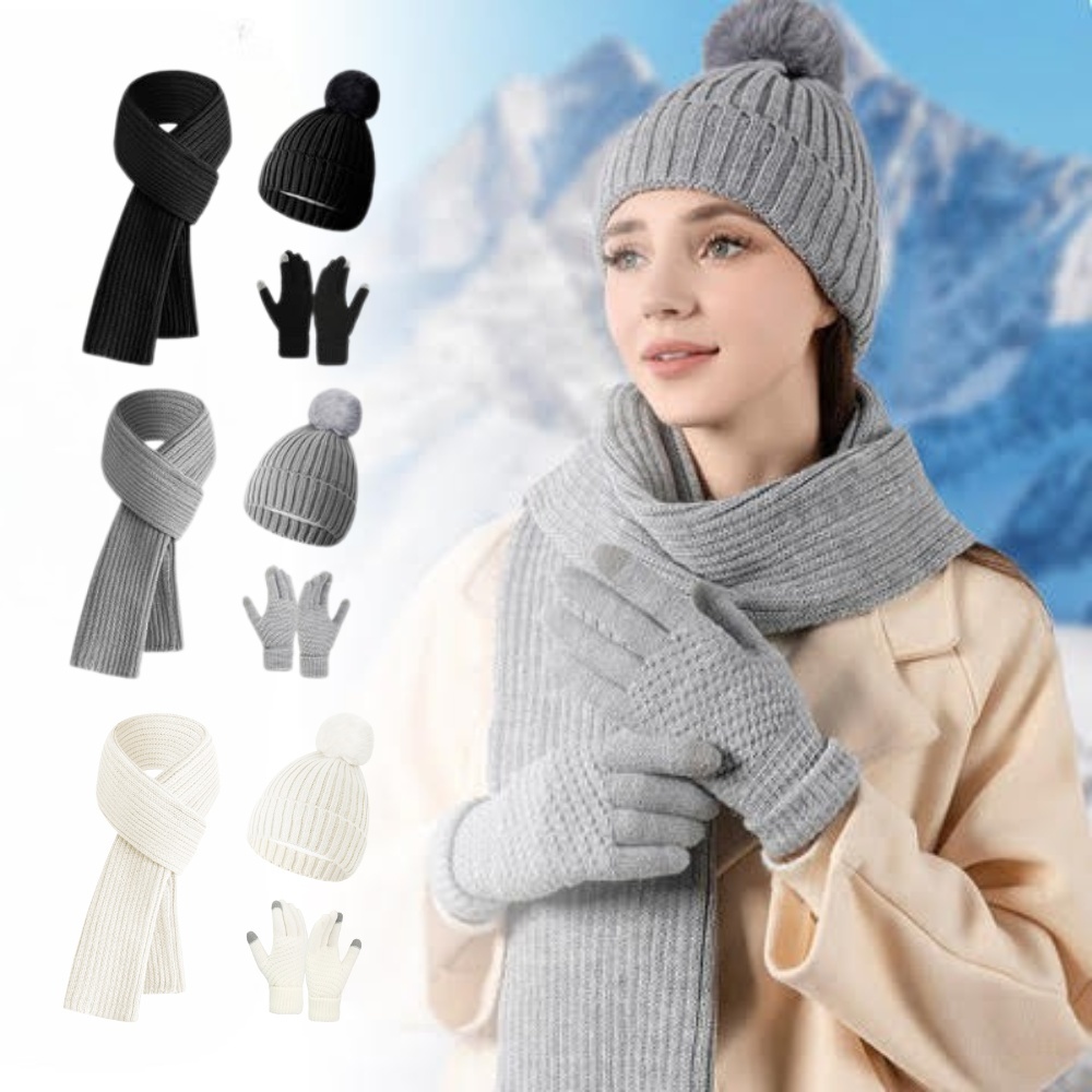 Varmt vinterset 3-delar - Mössa, halsduk & touchvantar