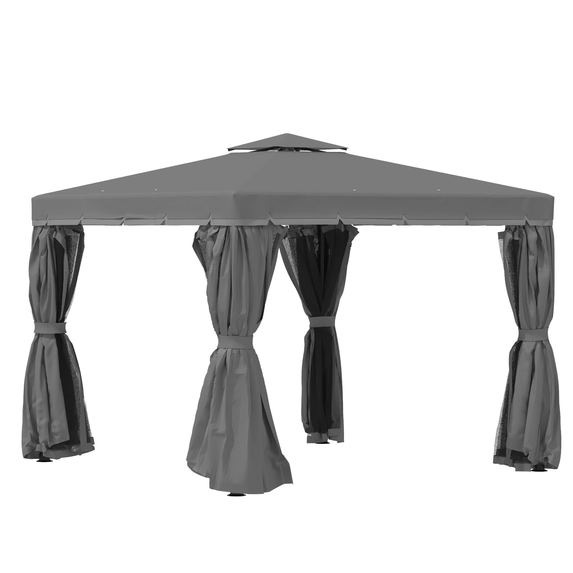 Trädgårdspaviljong 2,96x2,96 m med dubbelt tak, 4 sidopaneler, myggnät, väderbeständig, aluminium, mörkgrå