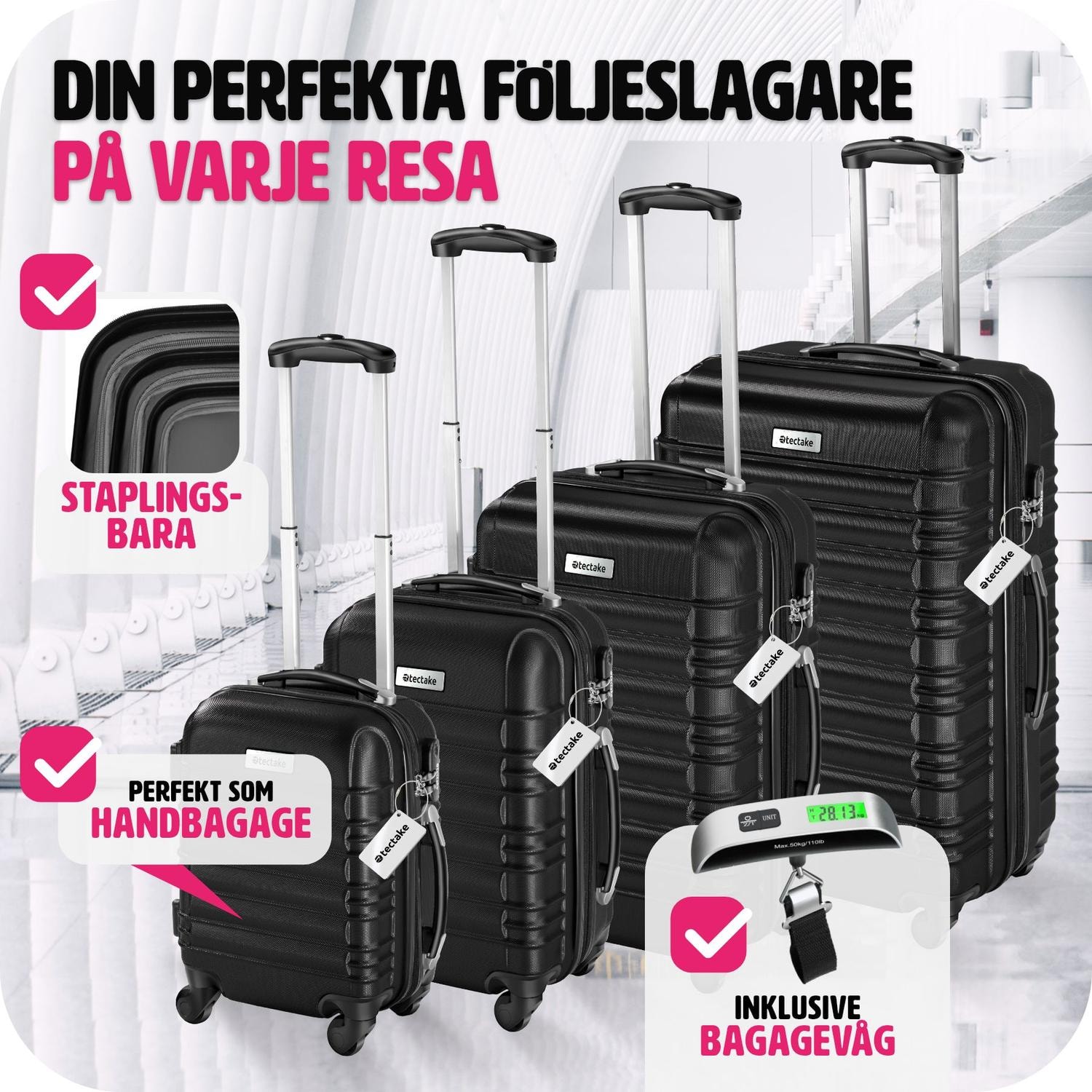 Resväskeset Mila - 4 resväskor, bagage med bagagevåg och namntaggar - svart (3 av 12)