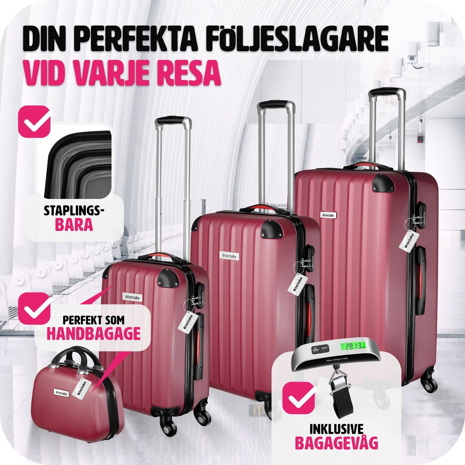 Resväskeset Cleo, 4 resväskor med bagagevåg och taggar - vinröd (3 av 12)