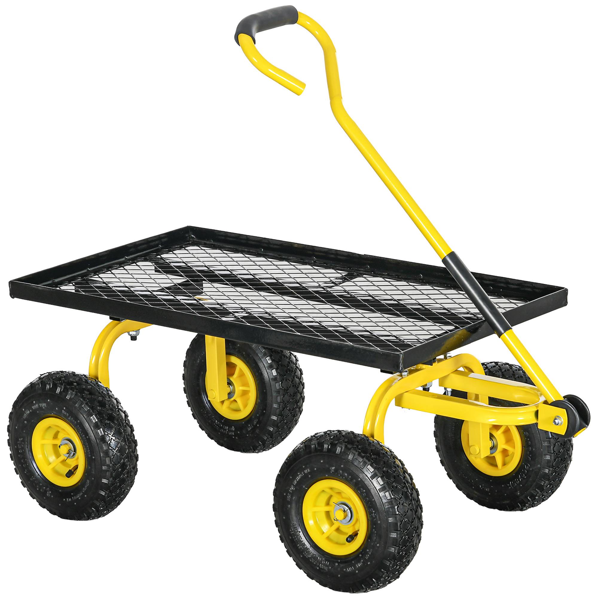 Trädgårdstransportvagn, handkärra, 4-hjulig handkärra, 94 x 48,5 x 100 cm, maxlast 150 kg, gul metall