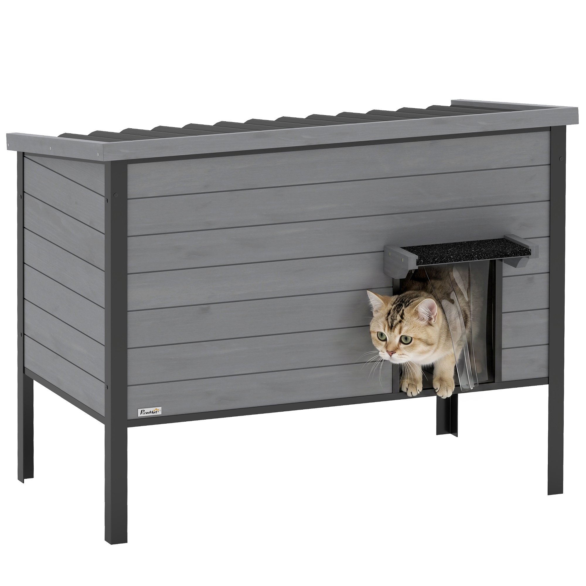 Väderbeständigt katthus med gångjärnstak, avtagbart golv, ingång för 1-2 katter upp till 12 kg, 85x55x70 cm, ljusgrå