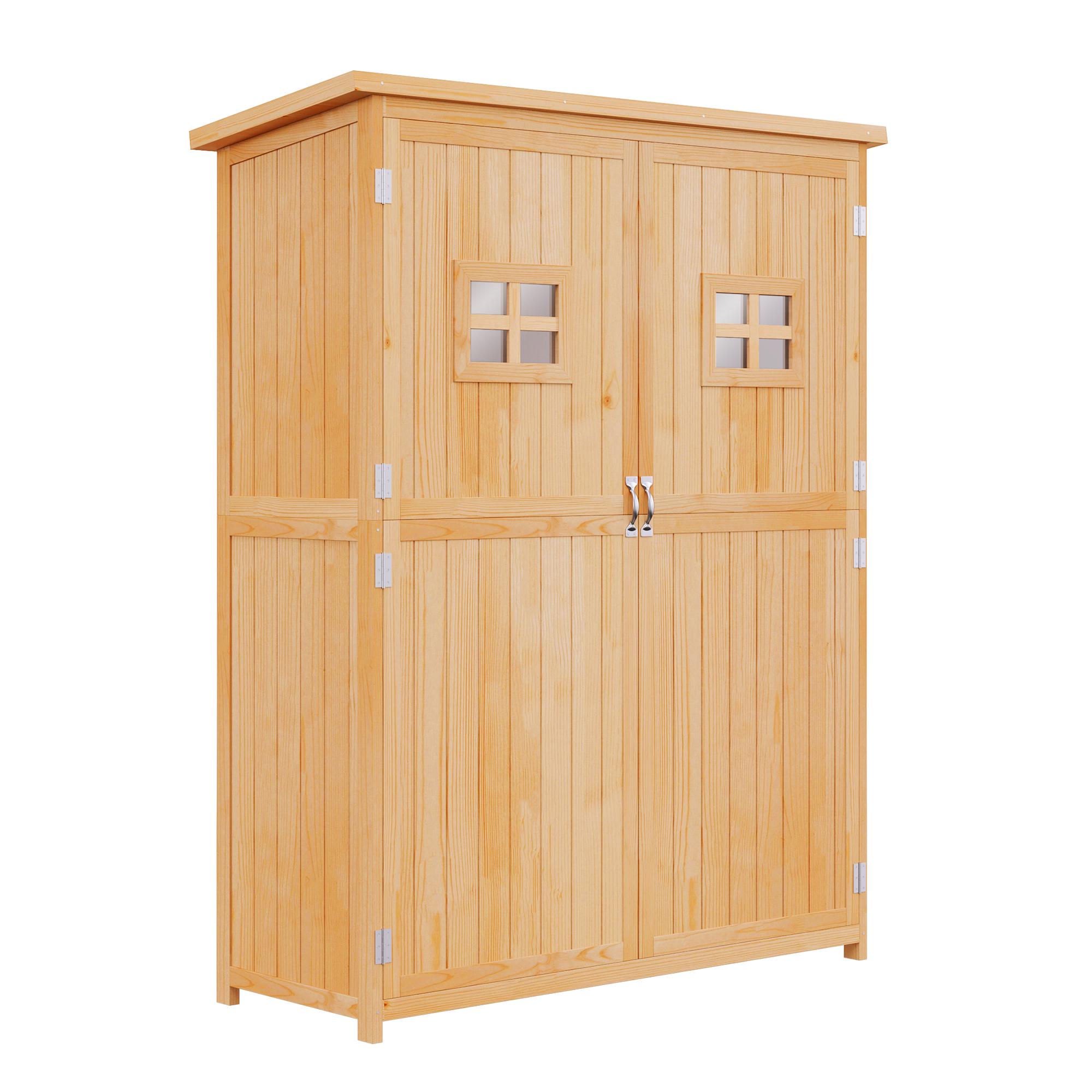Outsunny trädgårdsskjul i trä, trädgårdsskåp, mått: 127,5L x 50B x ​​164H cm, 2 hyllor, 2 dörrar, 2 fönster, vattentätt bitumentak, massivt, föroljat granträ, naturträ