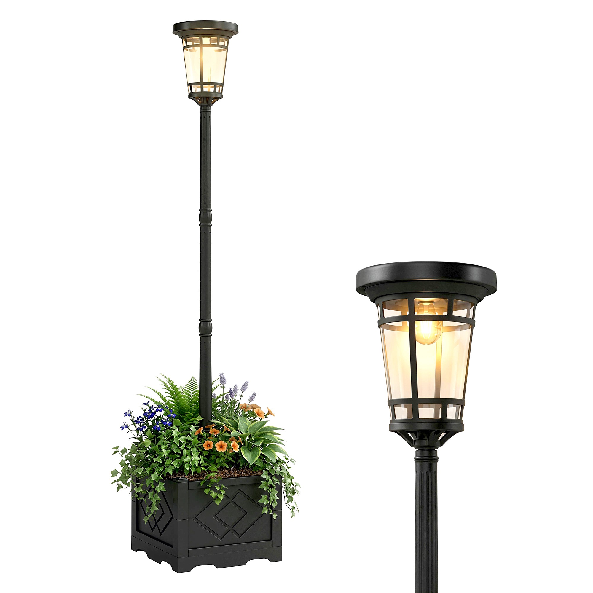Solcellslykta Golvlampa med Blomkruka 195cm Utomhusträdgårdslykta med 2 ljusstyrkenivåer Ljuskontrollströmbrytare IP44