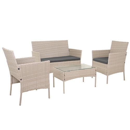 Utemöbelset technorattan beige 4 delar soffa 2 stolar bord glas