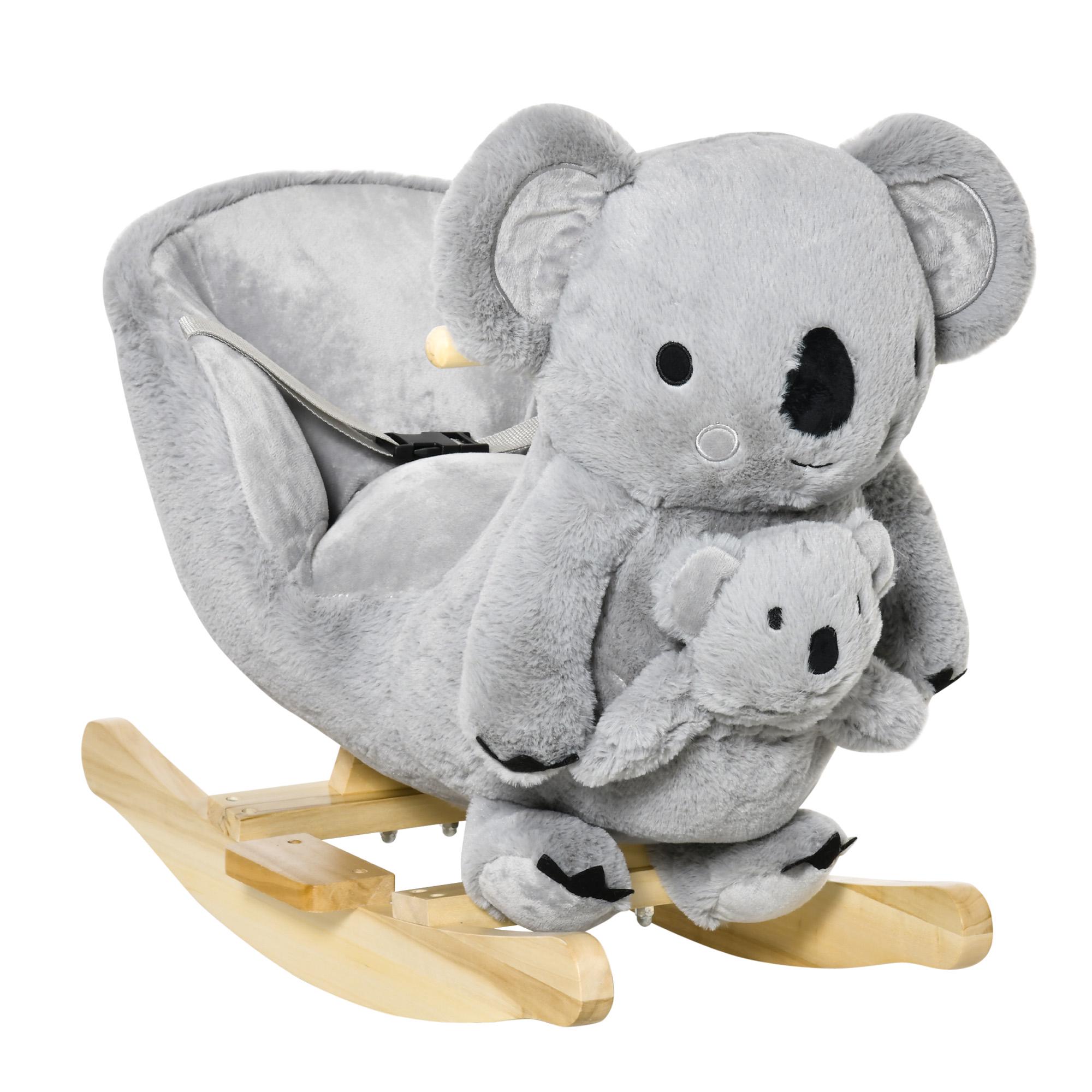 HOMCOM Gunghäst i form av en koala med docka för bebisar 18-36 månader med ljud, säkerhetsbälte och fotstöd, 60x33x50 cm, grå