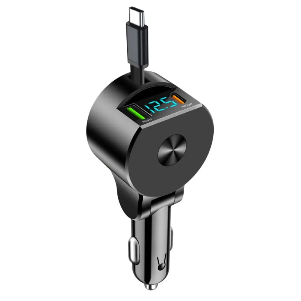 Product Image for 3-i-1 Upprullningsbar Billaddare 75W USB-C & USB-A Snabbladdning med LED Voltmeter, 12-24V