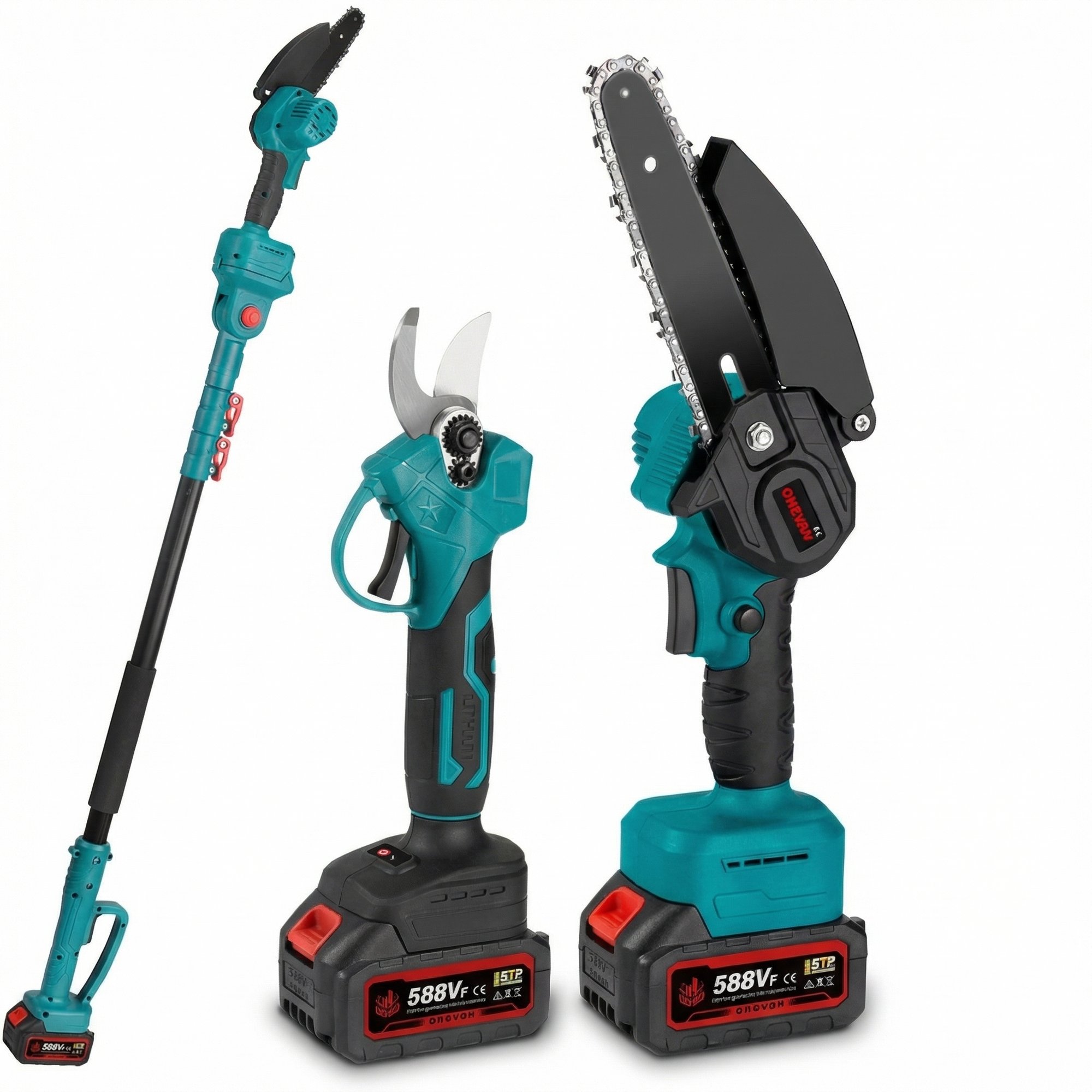 4-i-1 Batteridriven 3500W Borstlös Beskärningssax & Mini Motorsåg med Förlängningsskaft 2m – 6” Kedjesåg, 2 Batterier