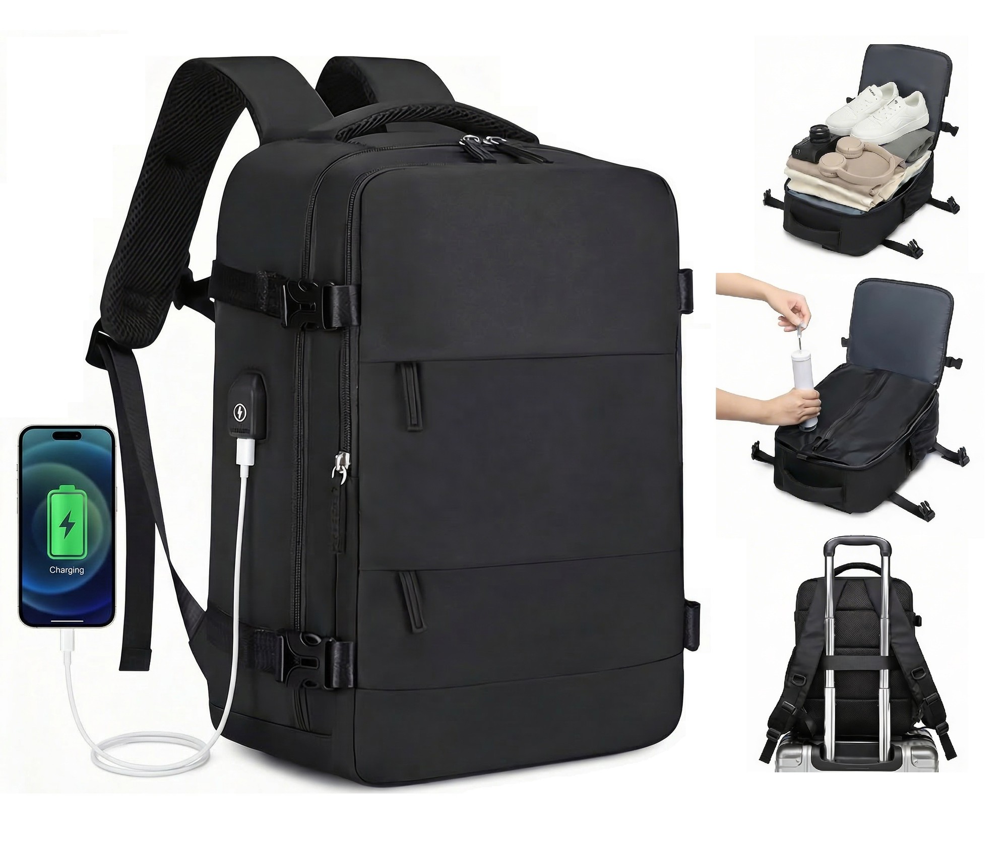 Kabinväska Ryggsäck för Ryanair, Norwegian & Wizzair- Handbagage – 30L Vakuum Kompression USB - cabin bag - pump ingår