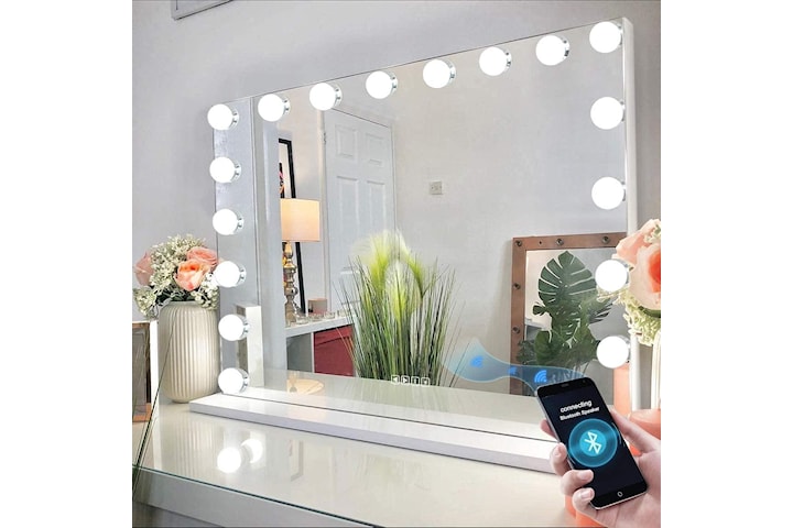 Bluetooth Hollywood spegel med belysning, 15 dimmer-LED-lampor, sminkspegel