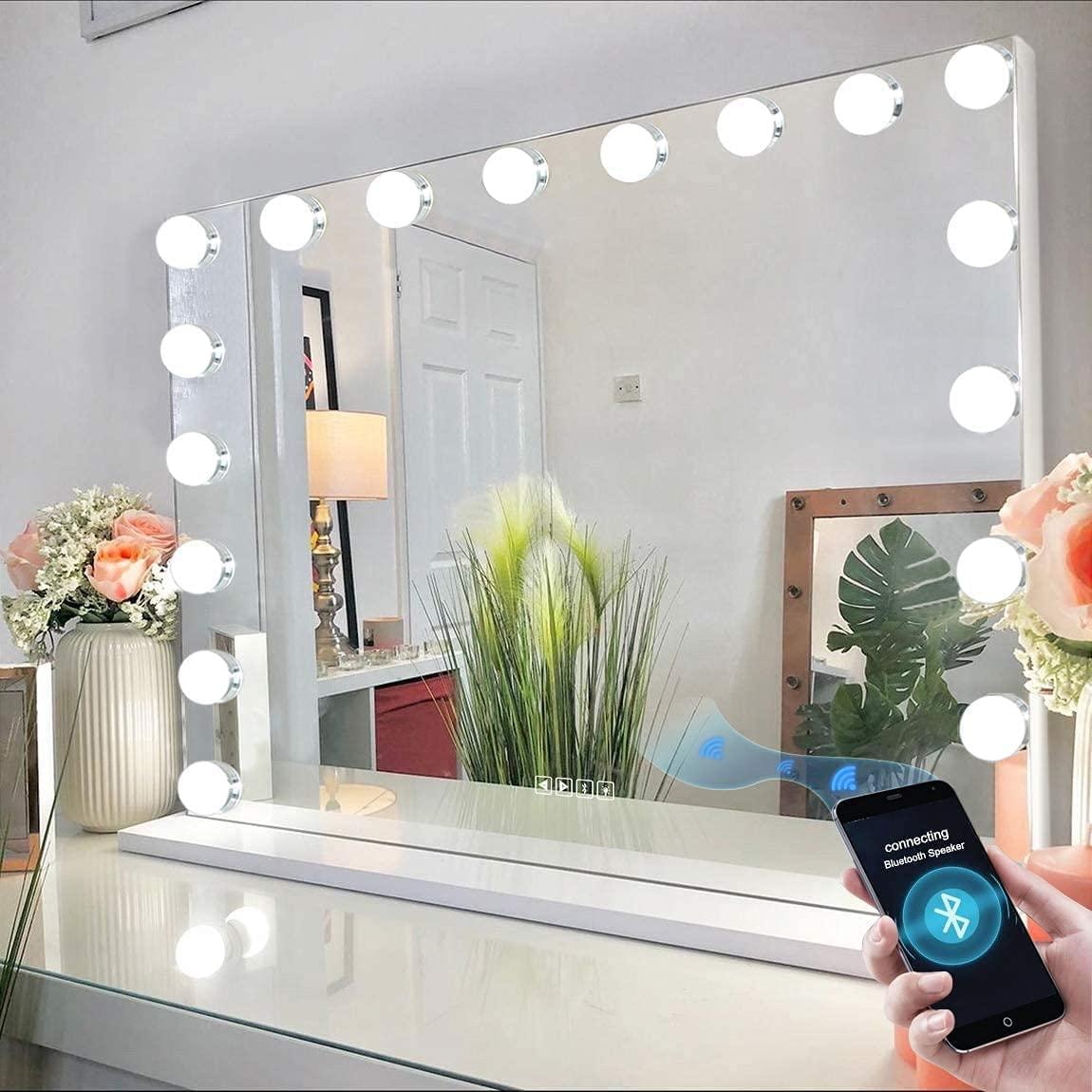 Bluetooth Hollywood spegel med belysning, 15 dimmer-LED-lampor, sminkspegel (1 av 8)
