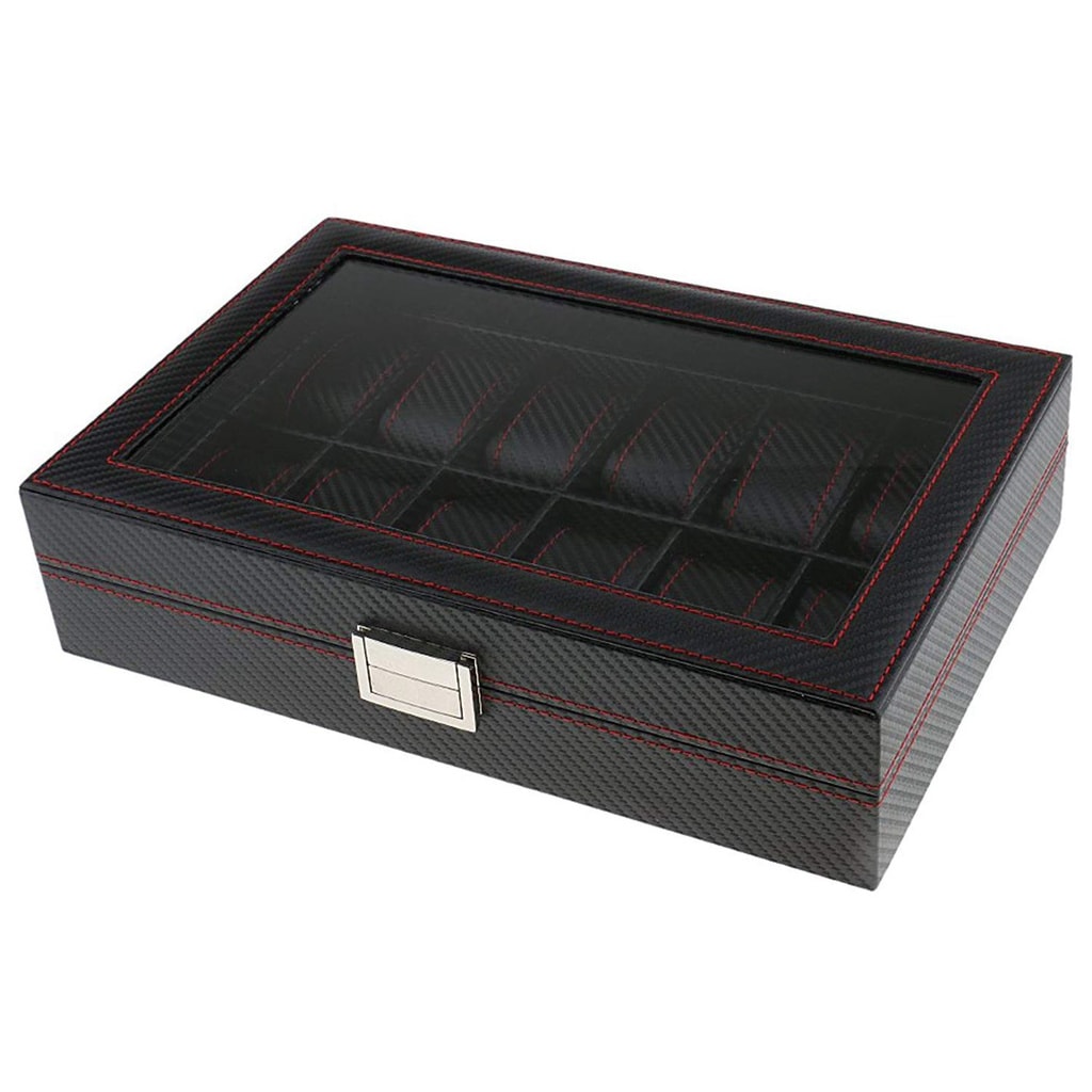 12 klockors klockbox - Lyxmodell i svart carbon med röd söm (8 av 10)