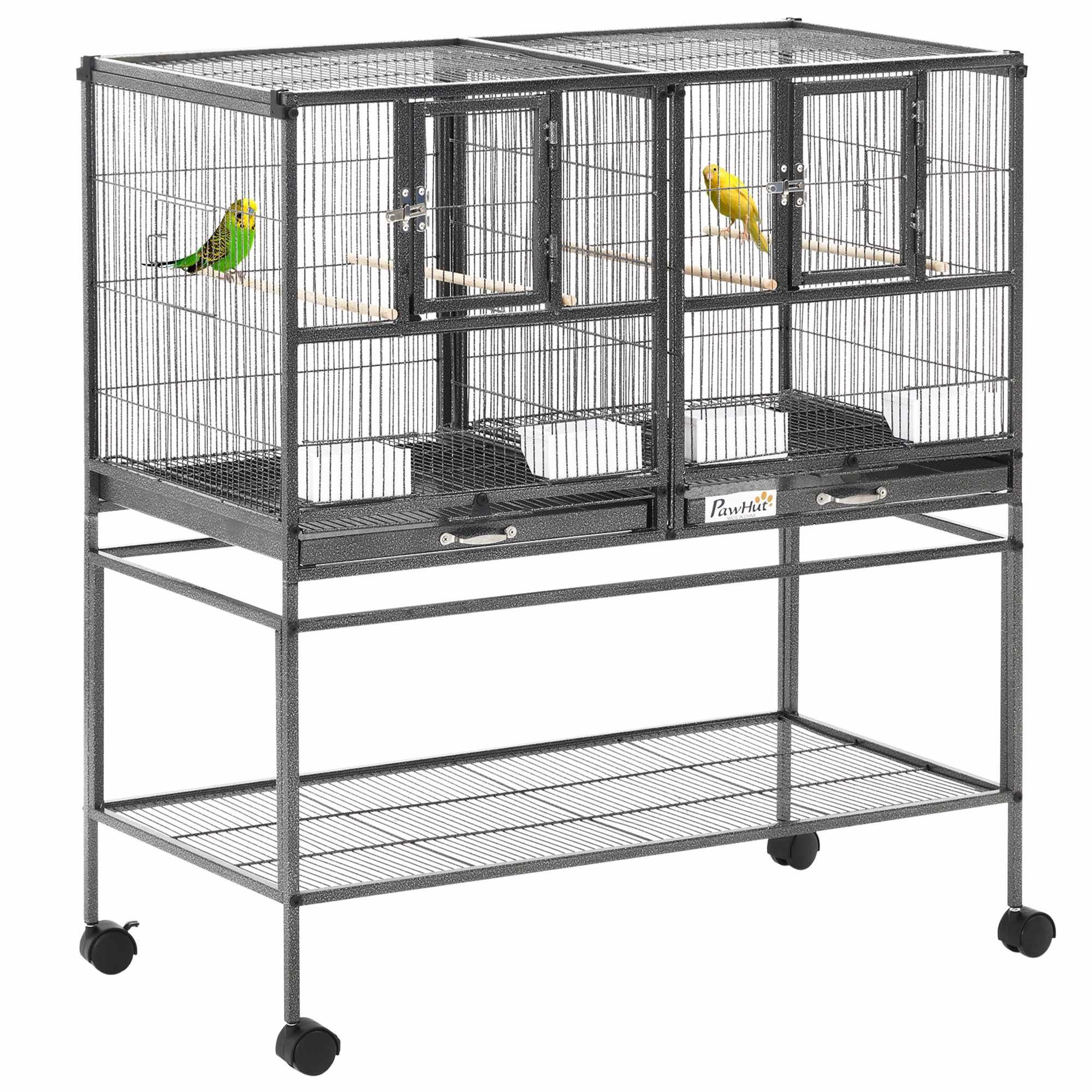 Premium metallfågelbur med dubbelfunktion och avtagbara brickor, stabilt stativ med 4 hjul och hyllplan, 95x45,5x102cm, svartgrå