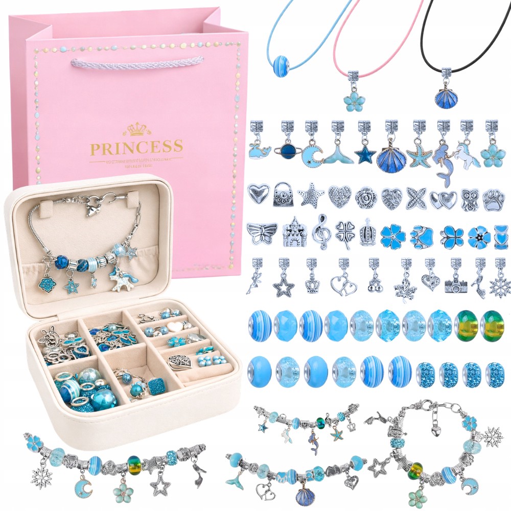 Gör Egna Smycken Barn Blå – Armband & Halsband Kit med Pärlor och Berlocker