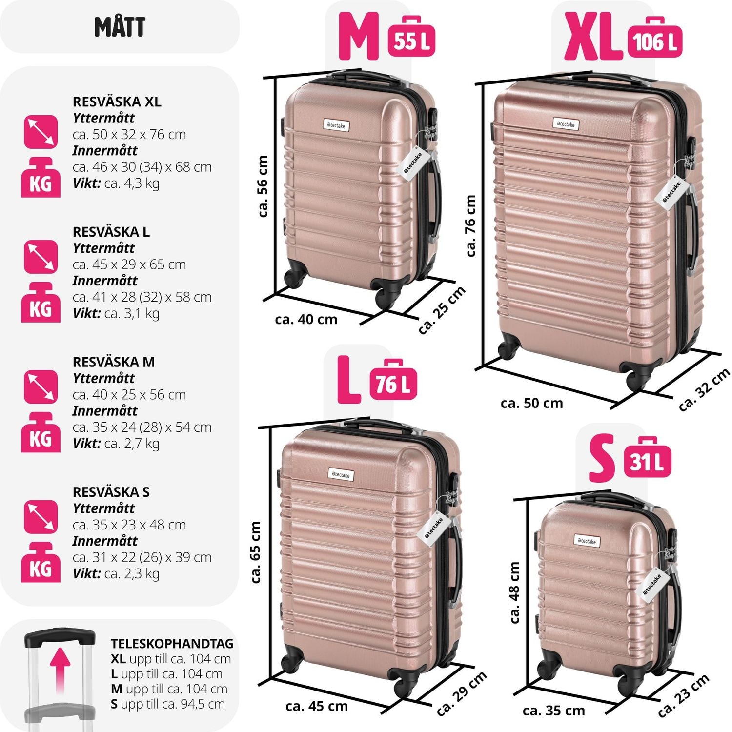 Resväskeset Mila - 4 resväskor, bagage med bagagevåg och namntaggar - roséguld (5 av 12)