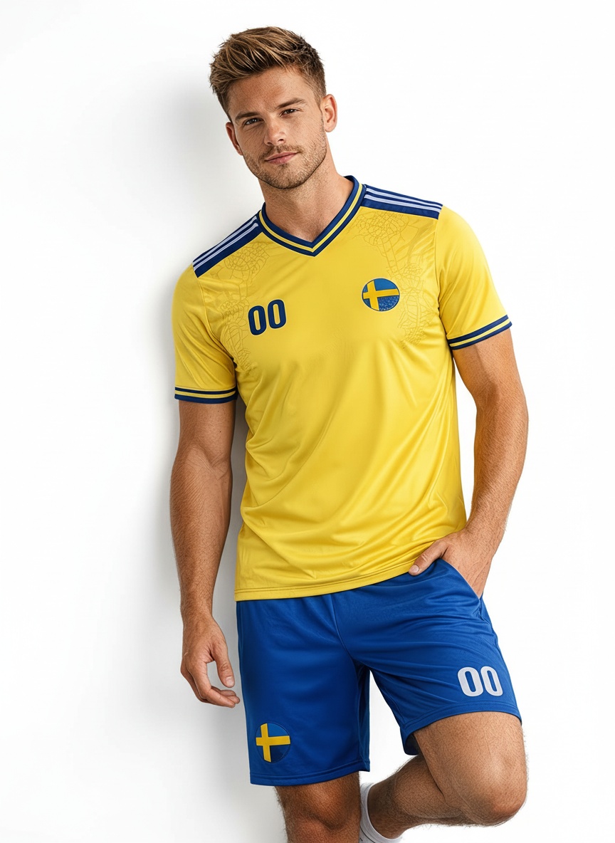 Designa din Personliga Fotbollströja Set – Sverige (Tröja + Shorts) VM 2026 träning fotboll soccer match