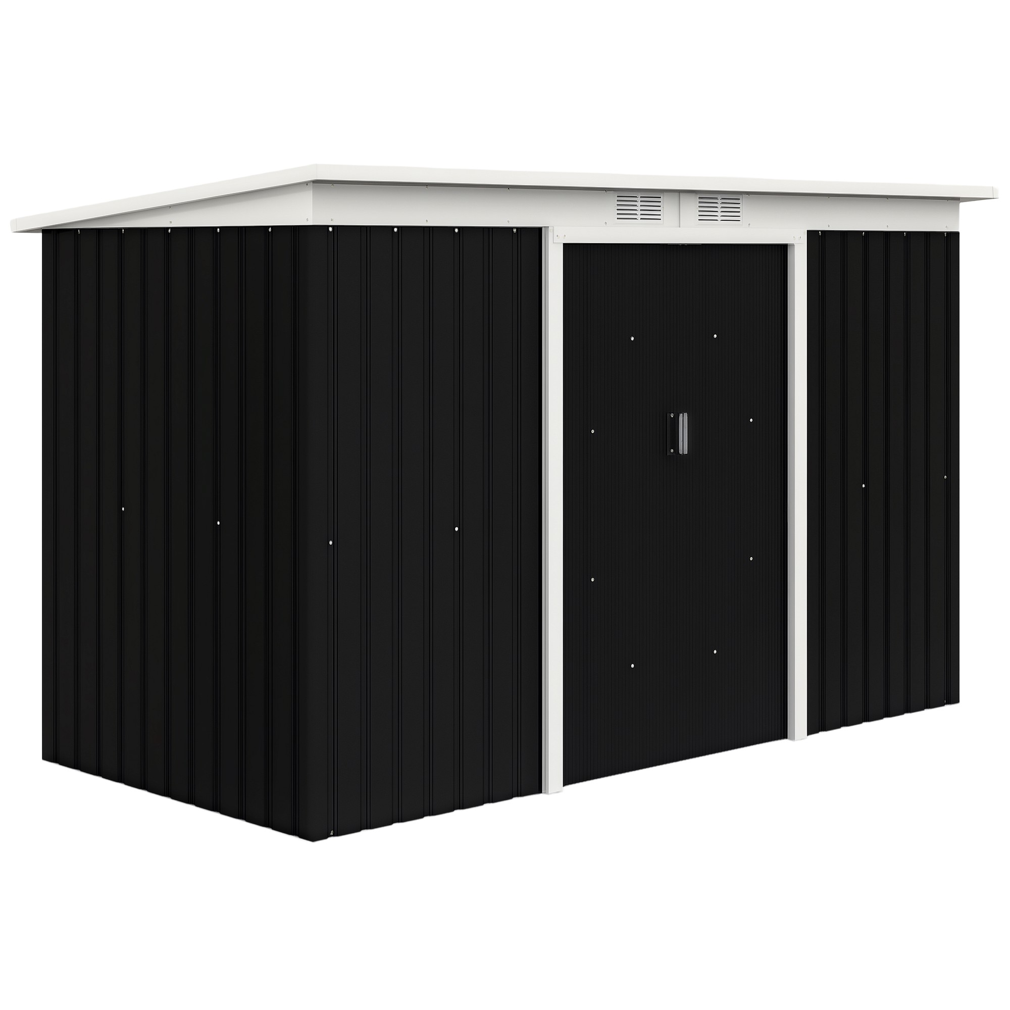 XXL trädgårdsskjul, galvaniserat stål, 3,6m², 280x130x172cm, med fundament, låsbara skjutdörrar, ventilation, svart