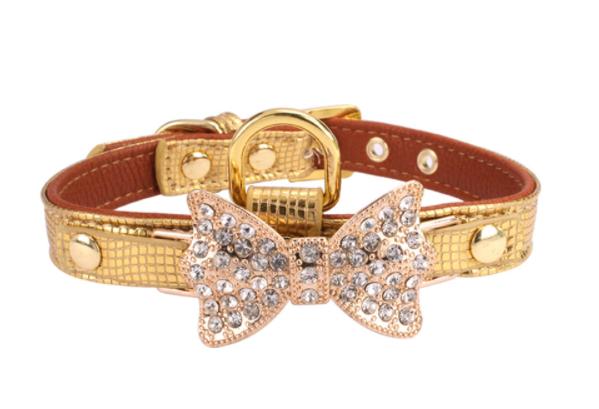 Product Image for Halsband med strass och rosett i metall guld och veganskt läder