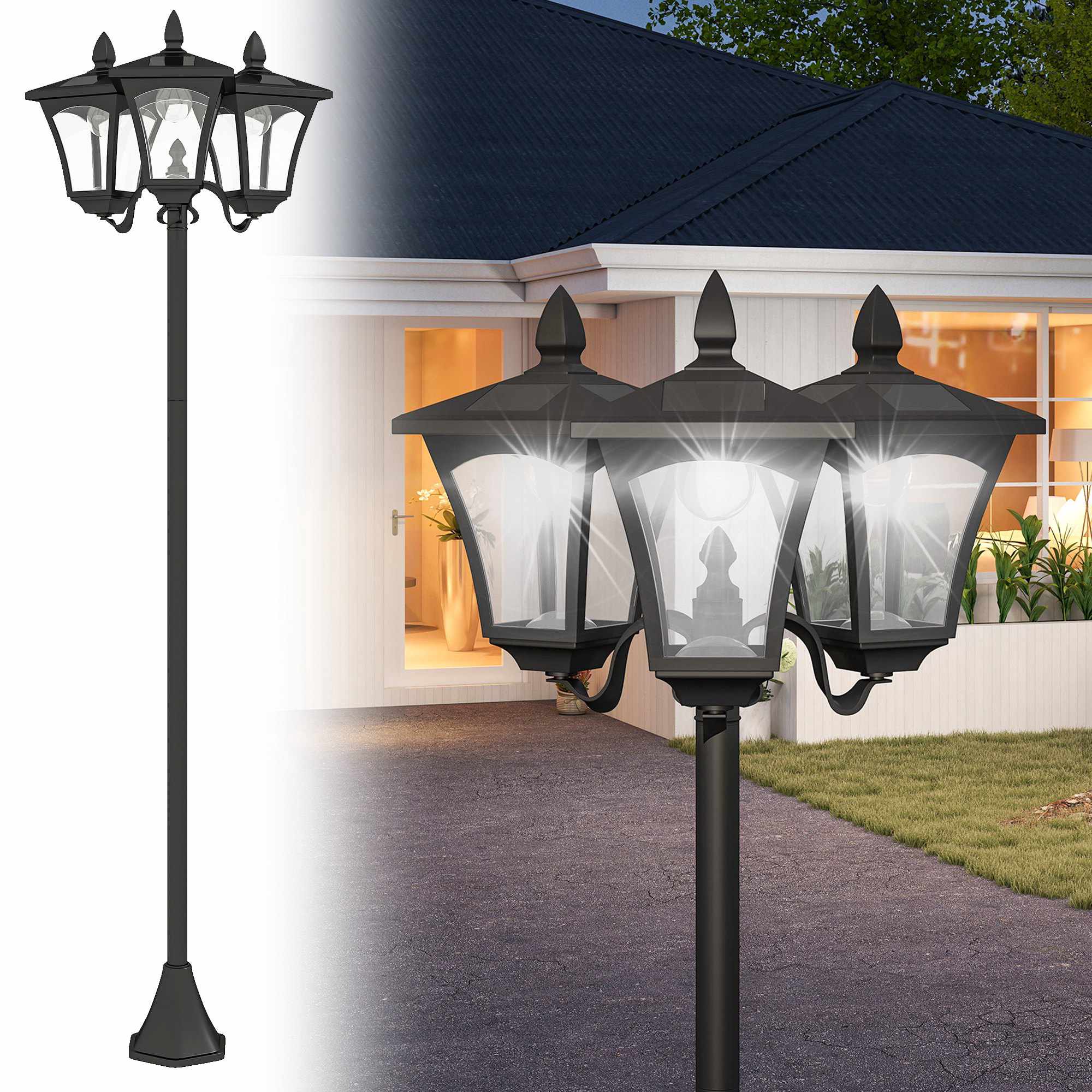 Solcellslampa för trädgård, 3 LED, klassisk utomhusgolvlampa, IP44, 51,5x47x182,5cm