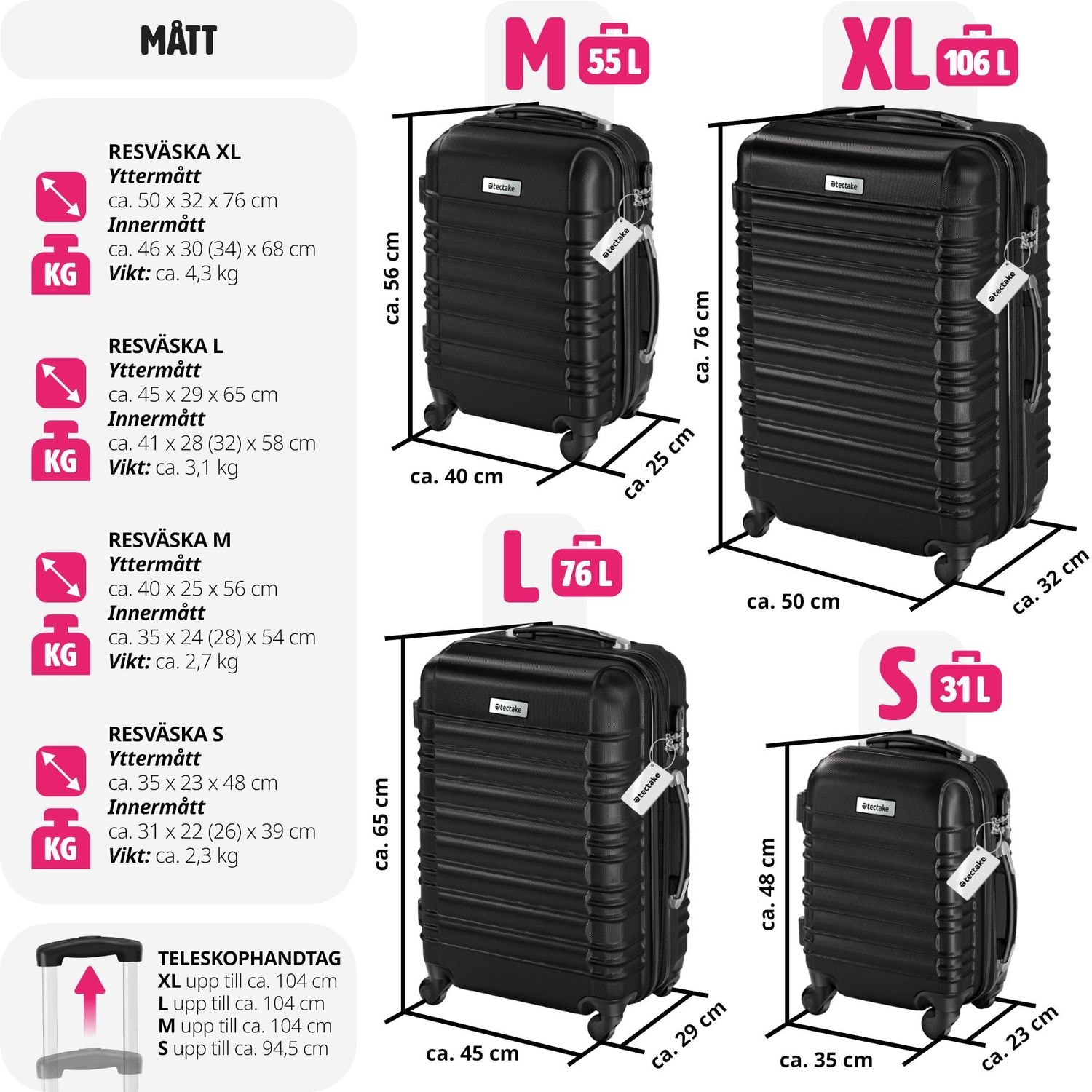 Resväskeset Mila - 4 resväskor, bagage med bagagevåg och namntaggar - svart (5 av 12)