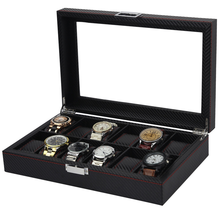 Product Image for 12 klockors klockbox - Lyxmodell i svart carbon med röd söm