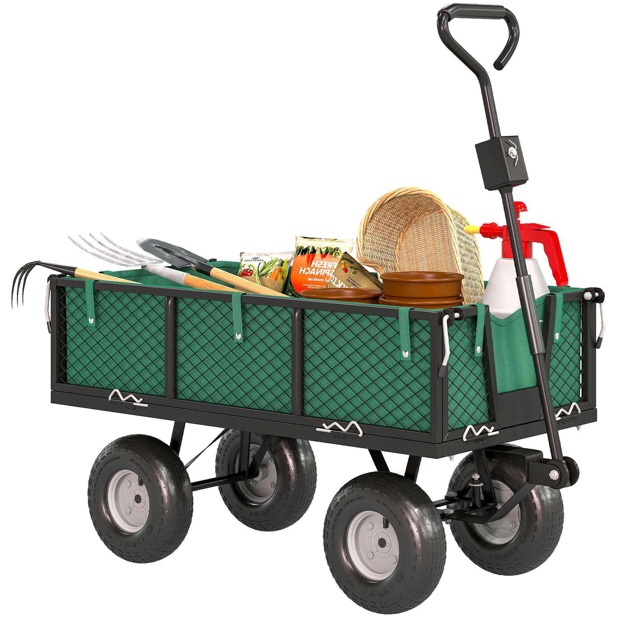Trädgårdsvagn med stora hjul, justerbart handtag och avtagbar vattentät väska, 300 kg lastkapacitet, 105x51x54 cm, grön