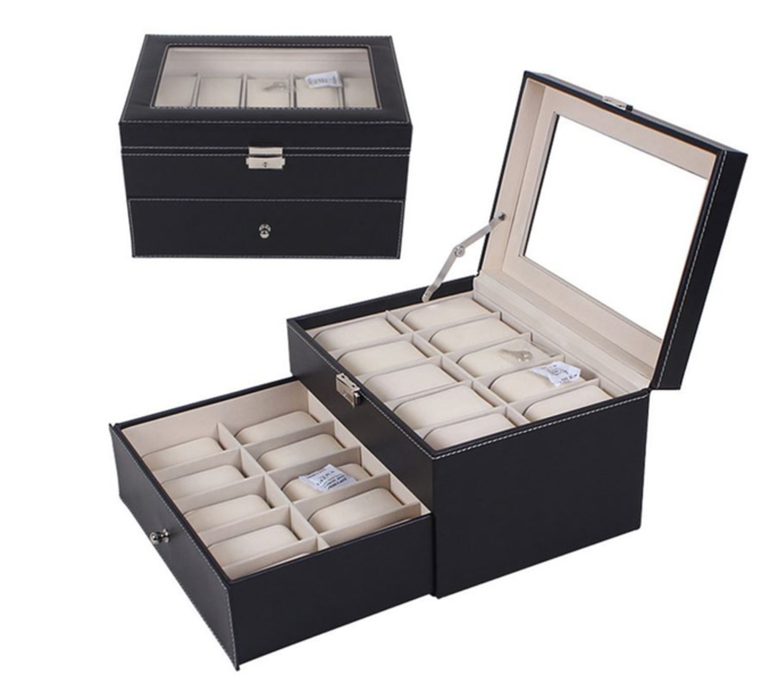 Watchbox Klockbox för 20st klockor PU läder - svart med vit söm