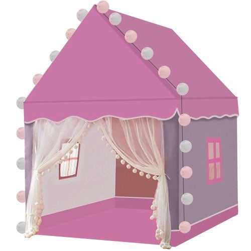 Barnleketøy husform rosa/grå 130x100x120 cm med LED-ljusslinga 3 m