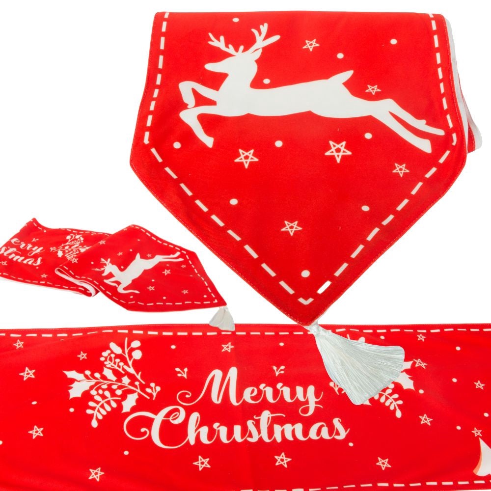 Julbordslöpare röd 205x35 cm med renmotiv och Merry Christmas
