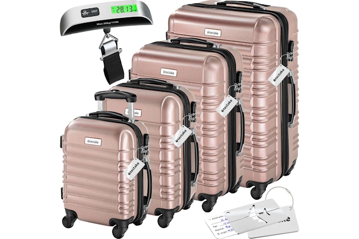 Resväskeset Mila - 4 resväskor, bagage med bagagevåg och namntaggar - roséguld