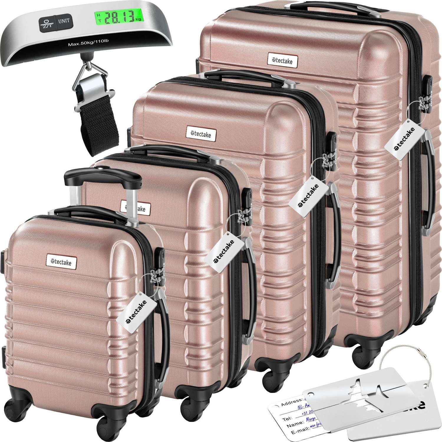 Resväskeset Mila - 4 resväskor, bagage med bagagevåg och namntaggar - roséguld (1 av 12)