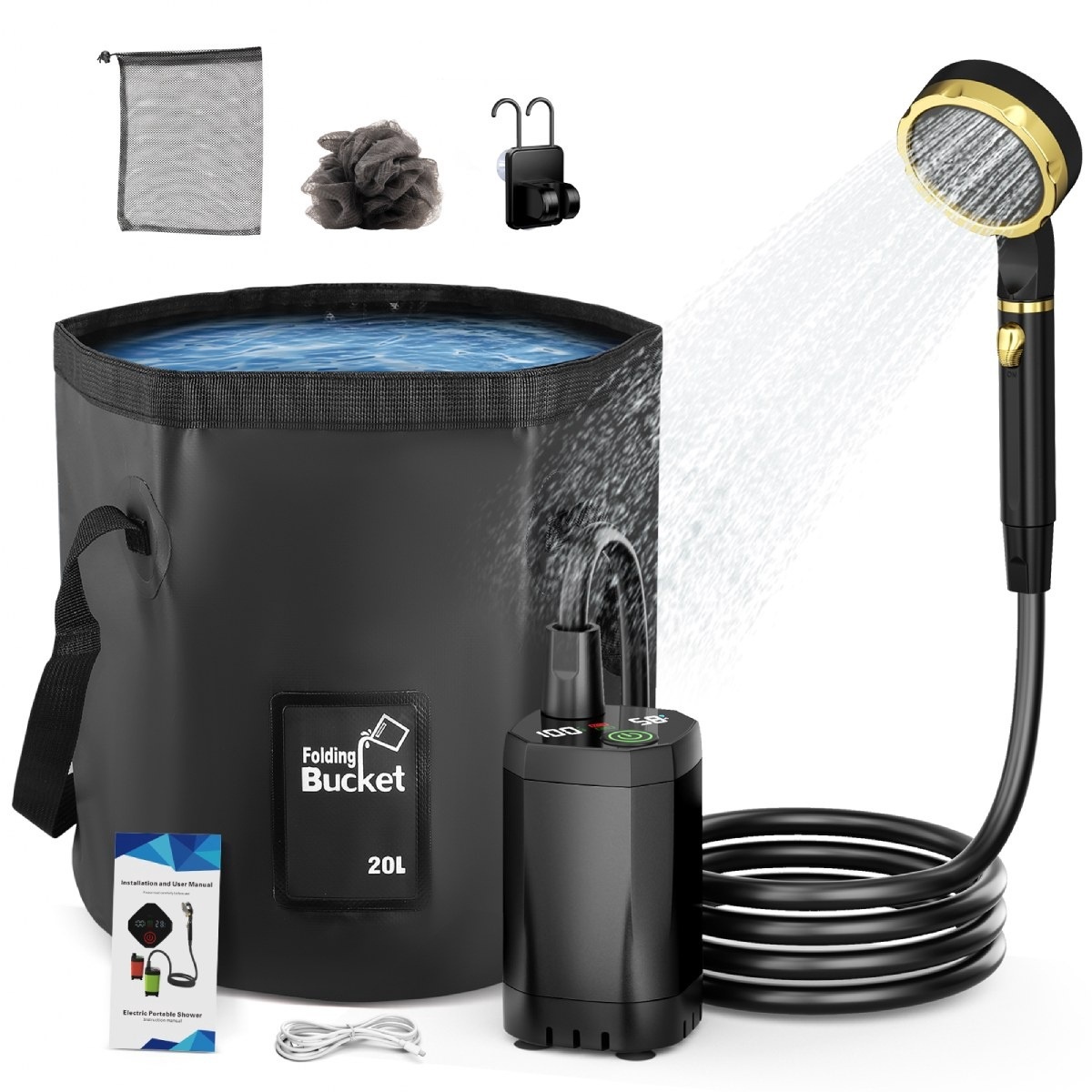 Bärbar campingdusch 7800mAh med 20L vattenpåse - Uppladdningsbar pump för friluftsliv - Hopfällbar och lätt att packa - För resa och trädgård