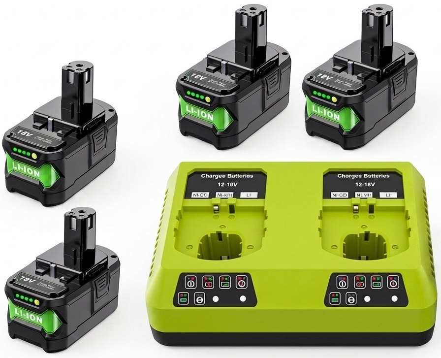 4-pack 18V 6000mAh Batteri + Dubbelladdare - Kompatibelt med RYOBI ONE+ - Li-Ion P102–P109
