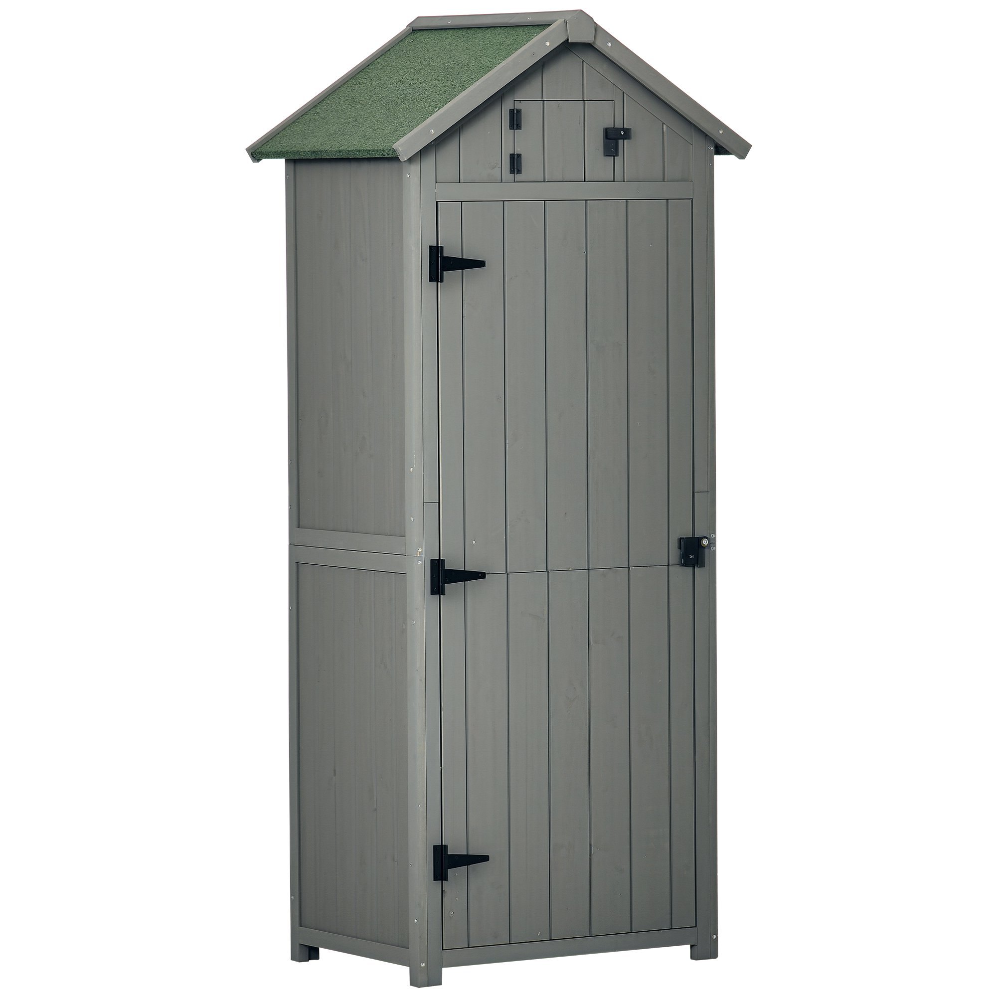 Outsunny trädgårdsskjul för utomhusbruk, redskapsskjul i trä, 3 hyllor, 2 dörrar med spärrar, sluttande bitumentak, utomhusförvaring, 77 x 54 x 179 cm, behandlad gran, grå