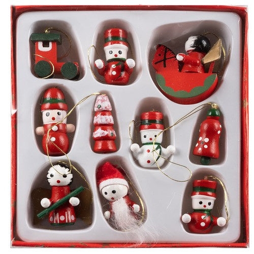 Julgranspynt i trä 10-pack röda julmotiv 2,5–3,5 cm