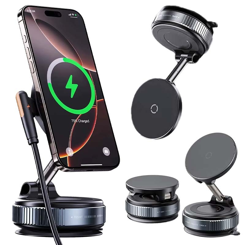 360° Magsafe Bilhållare med Trådlös Laddning och Superstark Vakuum Sugpropp