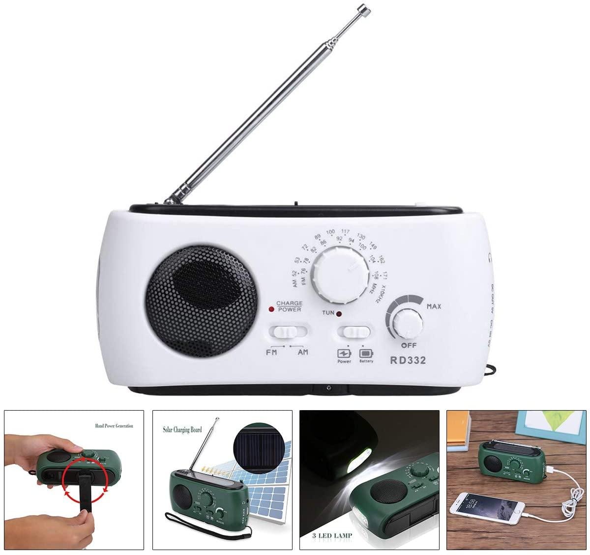 Vevradio / Nödradio med LED-lampa - FM-radio, USB, Solcell, Dynamo, Vit (3 av 6)
