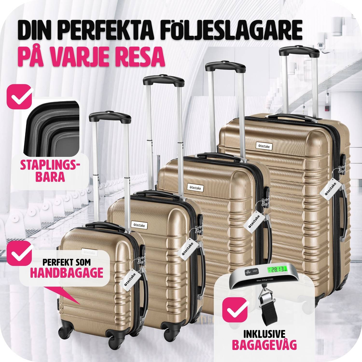 Resväskeset Mila - 4 resväskor, bagage med bagagevåg och namntaggar - champagne (3 av 12)