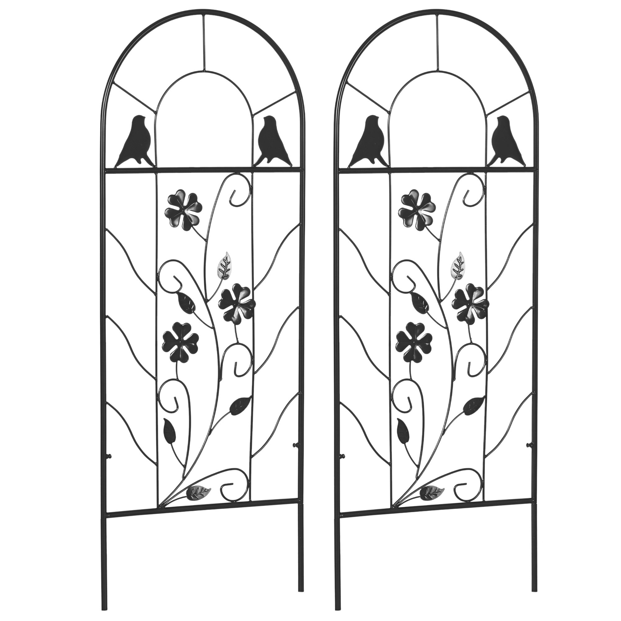 Set med 2 metallspaljer, med fågel- och klöverdekoration, för trädgård och uteplats, svart, 38 x 98 cm