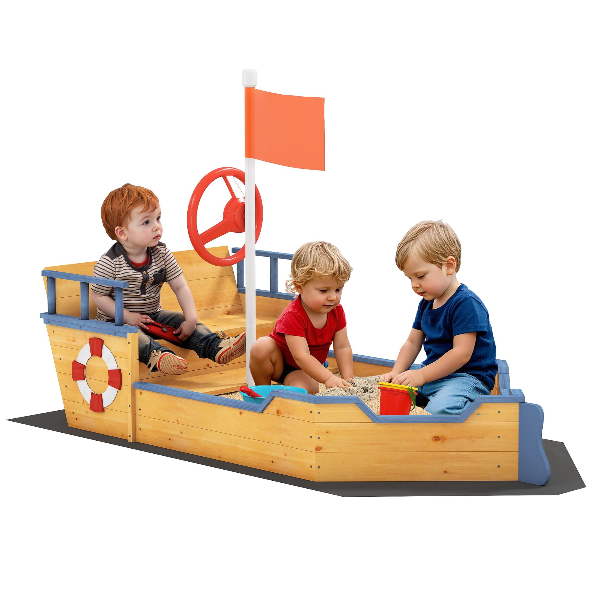 Outsunny träsandlåda för barn, Galleon-design, med 2 steg, bänk med förvaring, flagga och hjul, trädgårdssandlåda för barn 3+ år, 158x78x45,5 cm, naturfärgad