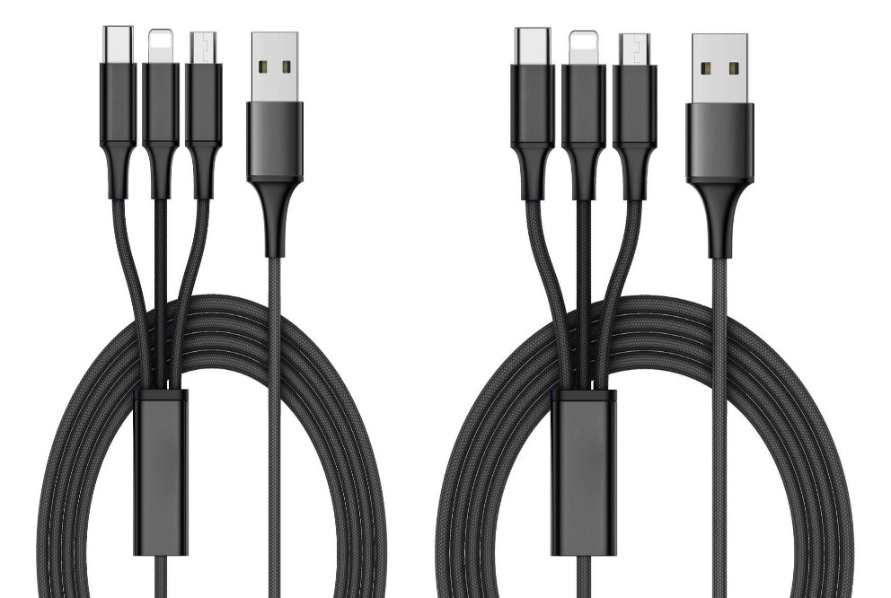 2 pakker Ladekabel Multi 3in1, USB-C, Micro-USB, iPhone - 1,2 m