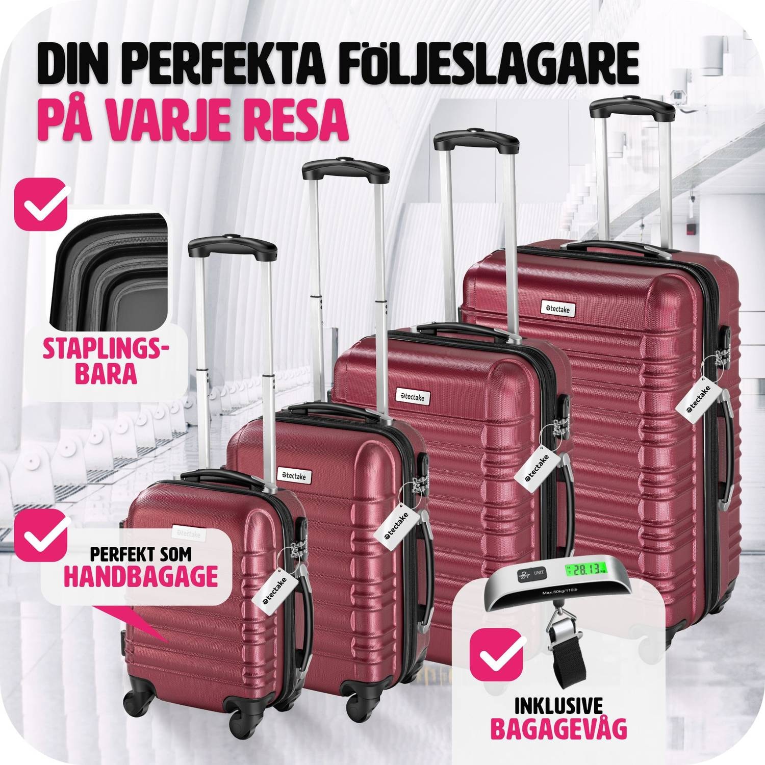 Resväskeset Mila - 4 resväskor, bagage med bagagevåg och namntaggar - vinröd (3 av 12)