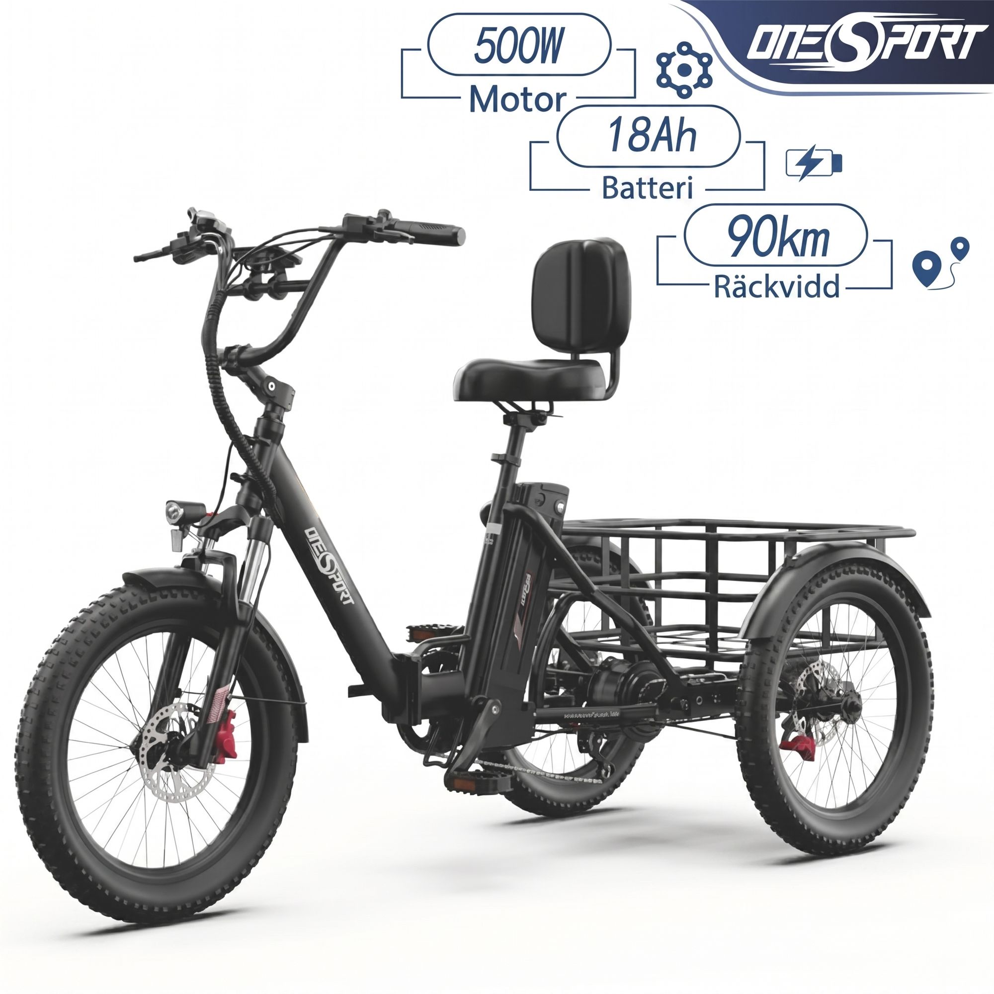 ONESPORT OT30 PRO elcykel, med justerbar saddel, 20*3" tums däck, 18Ah batteri, 500W Motor, maxlast 180 kg, räckvidd 90 km